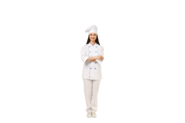 Cheerful female chef in white, arms crossed, isolated on white, PNG