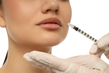 Woman has syringe near her lips for treatment, isolated on white, PNG