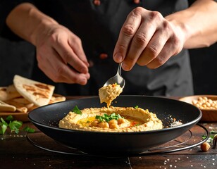 Delicious hummus being prepared and garnished in a culinary environment