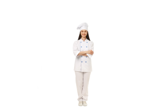 Cheerful female chef in white, arms crossed, isolated on white, PNG