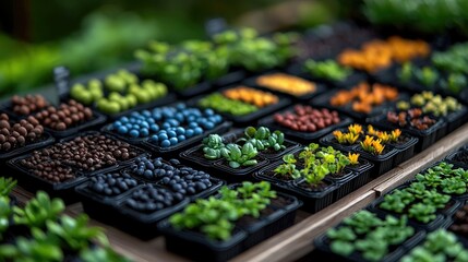 Close-up shot of various plants and seedlings displayed in black trays, showcasing a diverse range of colors and textures, outdoors in natural light.