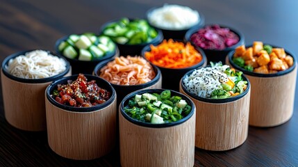 Close-up of various poke bowl ingredients arranged in bamboo cups on a dark wooden table. The image showcases a diverse selection of fresh, colorful food.