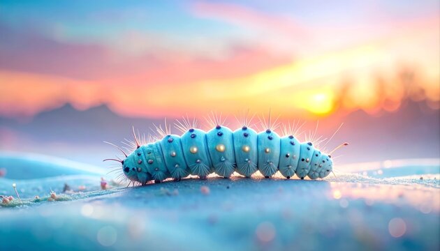 Vibrant Blue Caterpillar with Glowing Spots Against a Colorful Sunset Sky