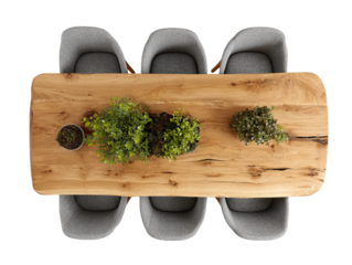  Top view modern live edge wooden dining table with six grey chairs PNG