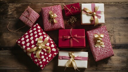 Festive Christmas gift boxes arranged on wood evoke warm holiday preparation feelings of joy and cozy celebration