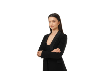Confident woman in tailored black suit, isolated on white, PNG