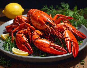 Delicious Red Lobster Served on a Plate with Lemon and Herbs, a Seafood Feast
