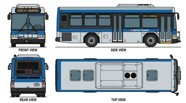 Orthographic views of a public transit bus, including front, side, rear, and top perspectives.
