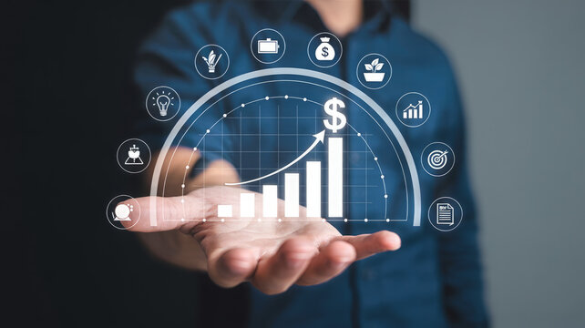 Hand presenting financial growth chart with business icons