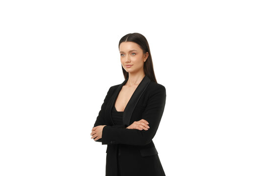 Confident woman in tailored black suit, isolated on white, PNG
