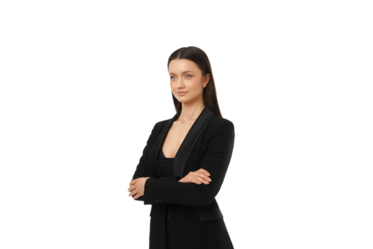 Confident woman in tailored black suit, isolated on white, PNG