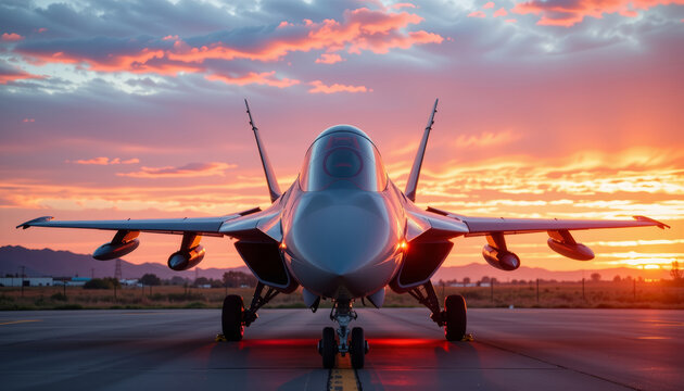 Sleek fighter jet runway sunset sky mountain silhouette glowing lights dramatic cloud modern military - Powered by Adobe