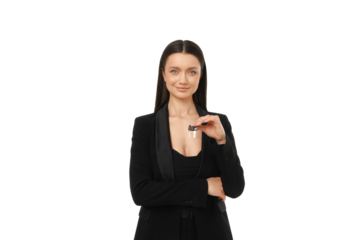 Businesswoman showcases stylish key accessory, isolated on white, PNG
