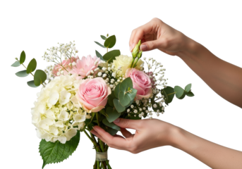 Delicate hands of a professional florist arranging a vibrant bouquet of pastel pink roses, white hydrangeas, eucalyptus, and baby's breath against a transparent background, serene artistic floristry