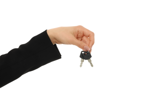 Hand gives keys for a transaction, isolated on white, PNG