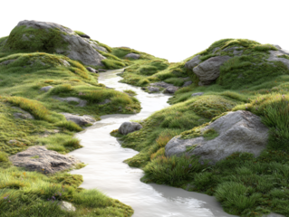  Winding stream flowing through rocky terrain with lush green grass and water PNG