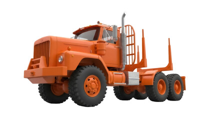 Orange logging truck PNG isolated on transparent background, heavy machinery for forestry and timber transport, powerful vehicle
