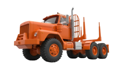 Orange logging truck PNG isolated on transparent background, heavy machinery for forestry and timber transport, powerful vehicle