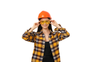Smiling person in a hard hat and glasses, isolated on white, PNG