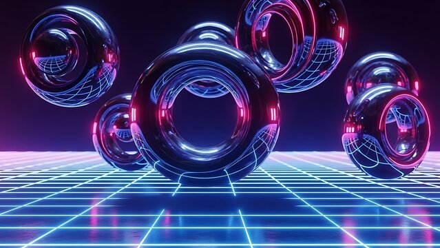 Abstract 3d rendering of shiny chrome metal torus shapes floating over glowing grid surface - Powered by Adobe