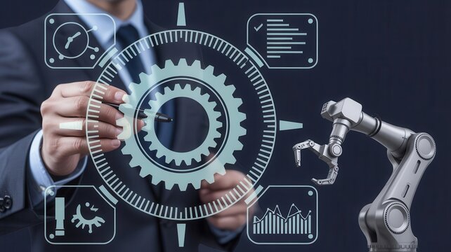 Professional manipulating a digital interface displaying gears and a robotic arm symbolizes technological automation - Powered by Adobe