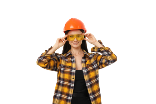Smiling person in a hard hat and glasses, isolated on white, PNG