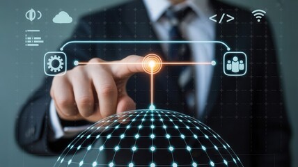 Businessman interacts with holographic digital interface showcasing global network connectivity and data flow
