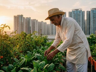 Senior Indian Farmer In Hat Inspecting Crops In Urban Farm With High Rise Buildings