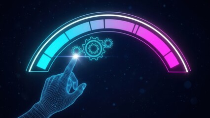 Digital hand interacting with futuristic glowing performance meter with gears, progress, speed, measurement, interface
