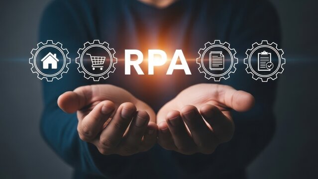 Robotic process automation concept with gears, icons for home, cart, document, checklist, and human hands