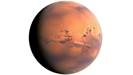 Detailed Mars planet PNG isolated on transparent background, realistic Martian surface with craters and valleys for science education and space exploration