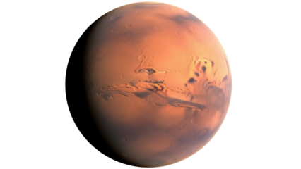 Detailed Mars planet PNG isolated on transparent background, realistic Martian surface with craters and valleys for science education and space exploration