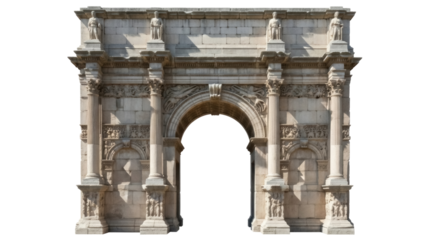 Ancient Roman triumphal arch PNG isolated on transparent background, historical monument with columns and statues for architecture design