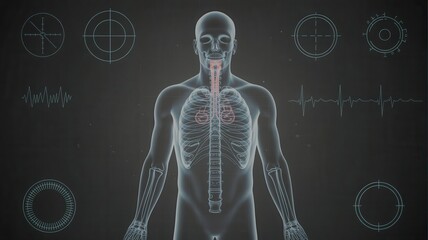Digital visualization displays the internal structure of the human respiratory system within a translucent body outline