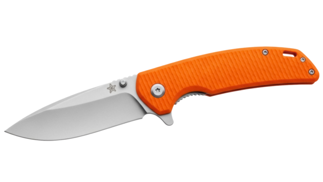 Orange folding knife isolated PNG on transparent background, EDC pocketknife for camping, hiking, and everyday carry
