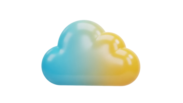 Gradient cloud shape PNG isolated on transparent background, blue and yellow weather icon for graphic design and cloud computing