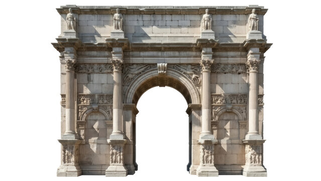 Ancient Roman triumphal arch PNG isolated on transparent background, historical monument with columns and statues for architecture design