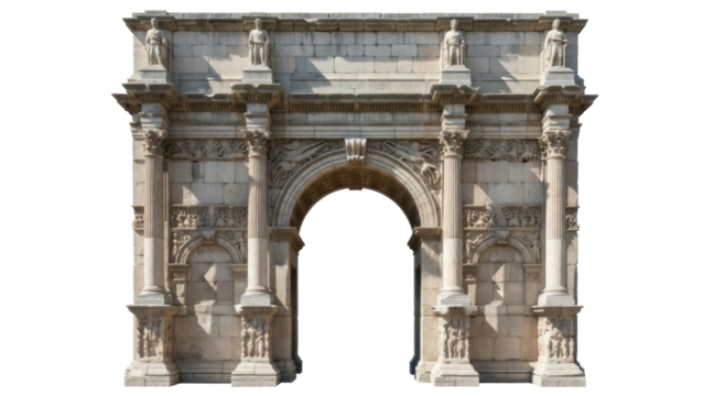 Ancient Roman triumphal arch PNG isolated on transparent background, historical monument with columns and statues for architecture design