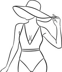 Minimalist black and white line art illustration of a fashionable woman in a deep V-neck one-piece swimsuit wearing a wide-brim sun hat, perfect for summer vacation and resort
