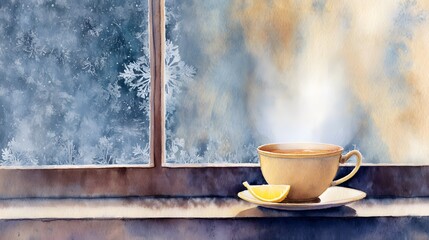 Cozy winter tea scene watercolor illustration warm amber tones on a frosted windowsill