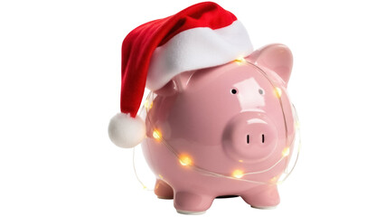 Pink piggy bank with Santa hat and Christmas lights isolated PNG, festive holiday savings and financial planning concept