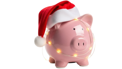 Pink piggy bank with Santa hat and Christmas lights isolated PNG, festive holiday savings and financial planning concept