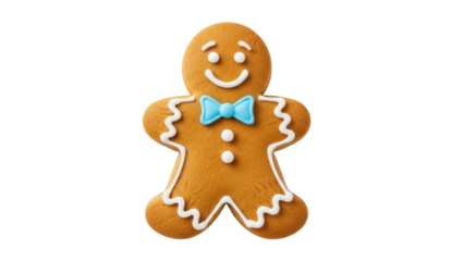 Gingerbread man cookie isolated PNG, decorated with icing and a blue bow tie on transparent background, festive holiday treat