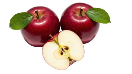 Two red apples and a half isolated PNG, fresh fruit with green leaves on transparent background, healthy eating and natural food
