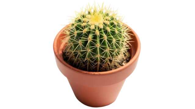 Golden barrel cactus in a pot isolated PNG, Echinocactus grusonii succulent plant on transparent background, desert flora for home decor