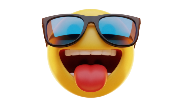 Yellow emoji face with sunglasses and tongue out isolated PNG, funny emoticon with cool expression on transparent background