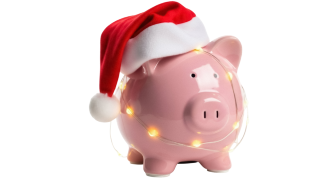 Pink piggy bank with Santa hat and Christmas lights isolated PNG, festive holiday savings and financial planning concept