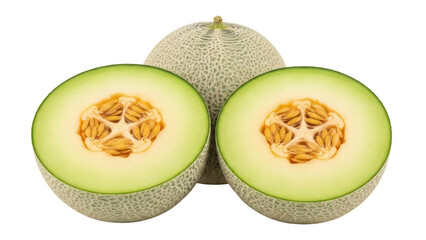 Fresh cantaloupe melon halves and whole fruit isolated PNG, healthy eating and summer refreshment concept on transparent background