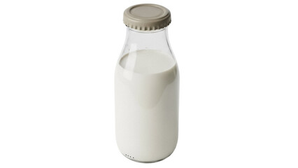 Glass milk bottle isolated PNG on transparent background, fresh dairy product for healthy breakfast and nutrition concept