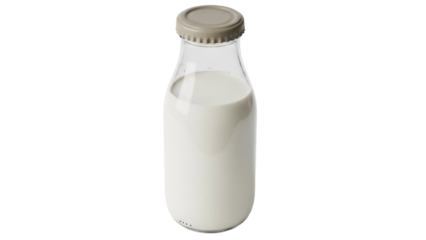 Glass milk bottle isolated PNG on transparent background, fresh dairy product for healthy breakfast and nutrition concept